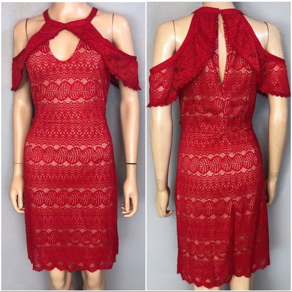 red lace cold shoulder dress